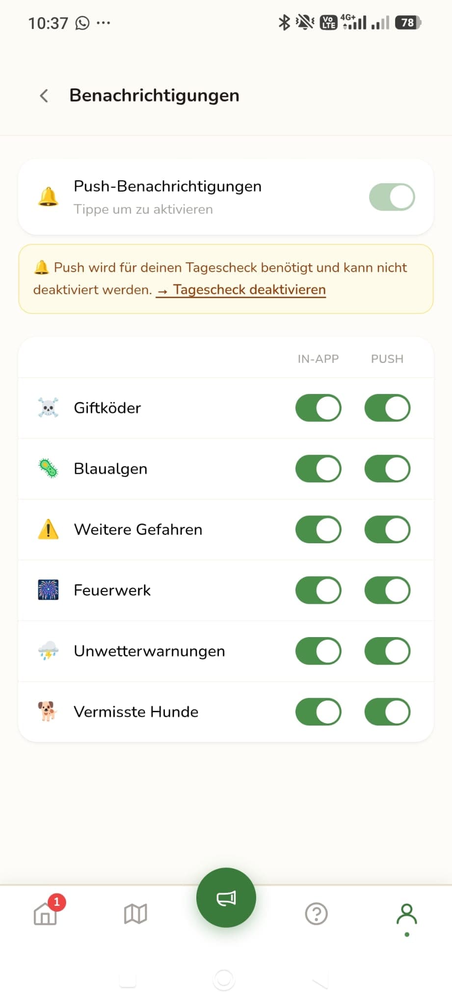 Benachrichtigungs-Einstellungen pro Gefahrentyp