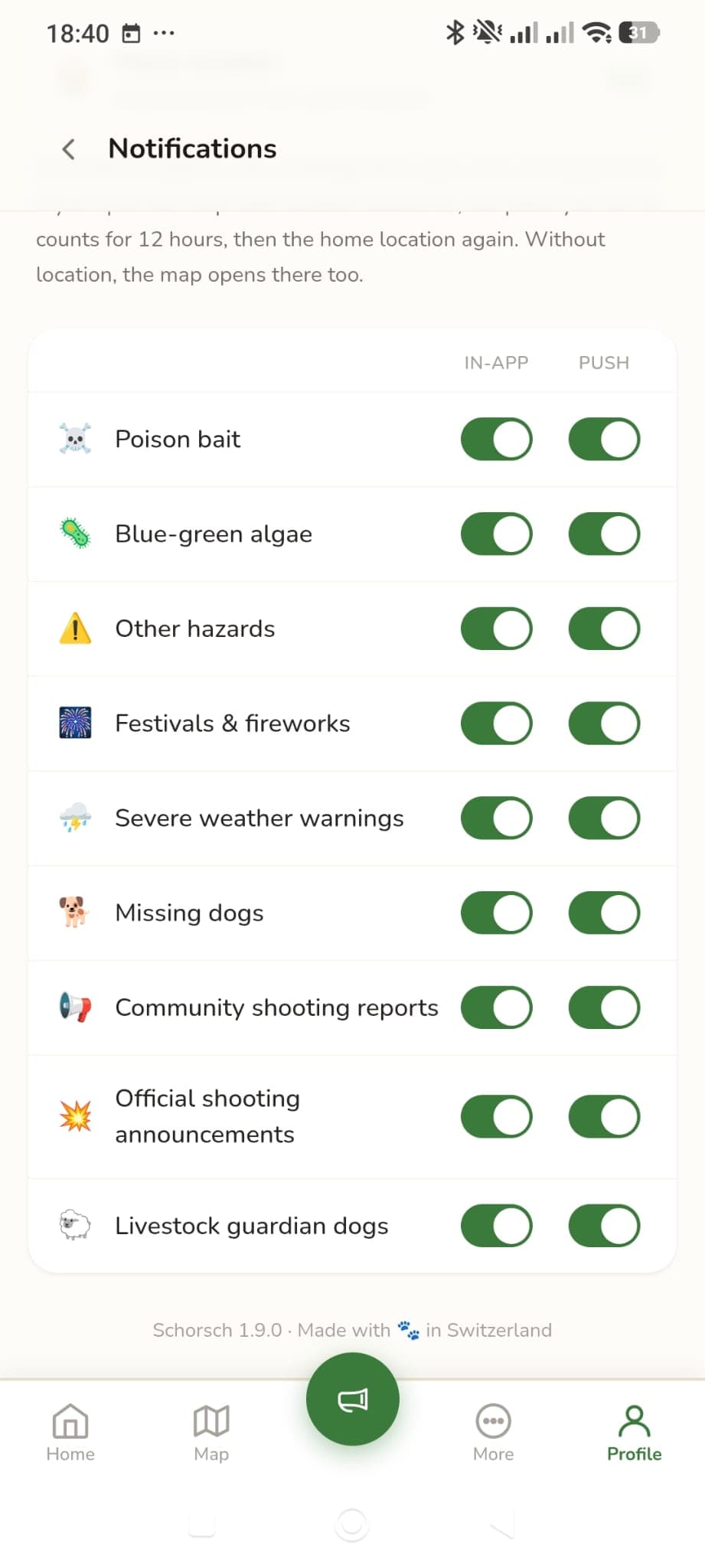 Notification settings for each type of hazard