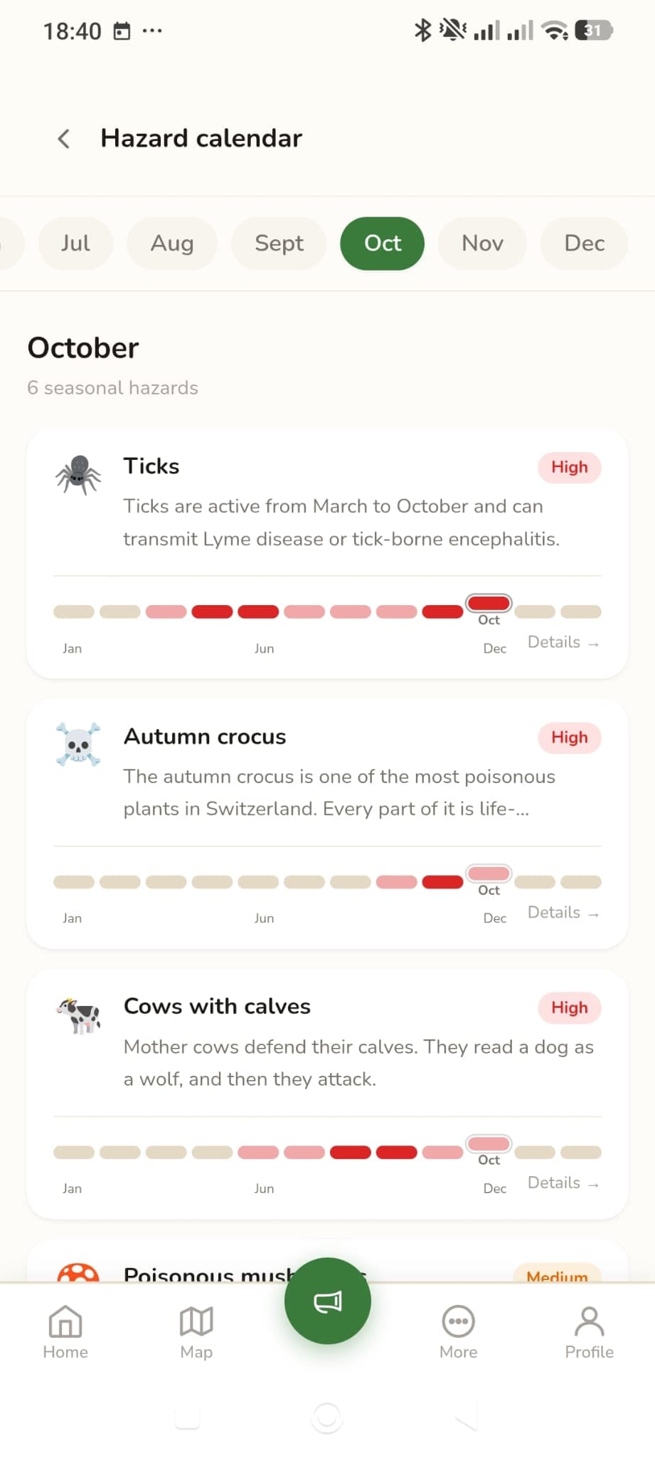 Hazard calendar with seasonal hazards