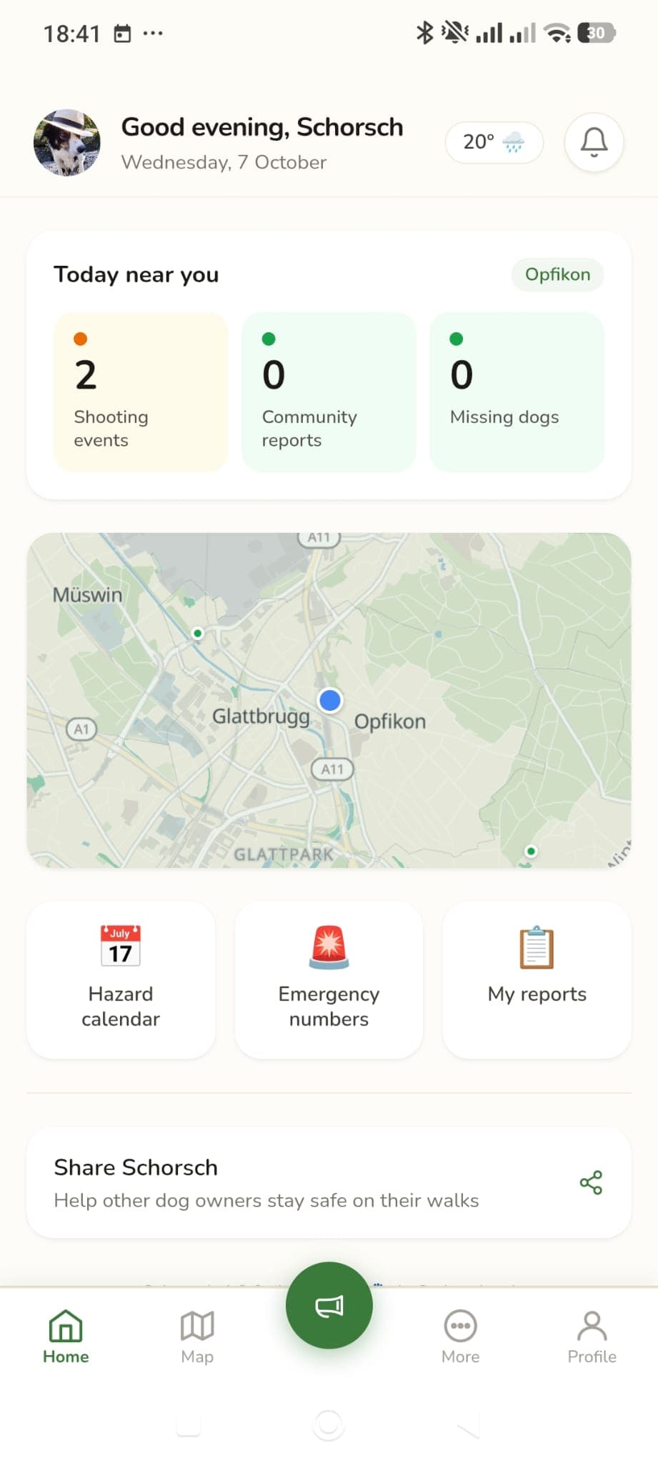 Schorsch dashboard: greeting, weather and hazards near you