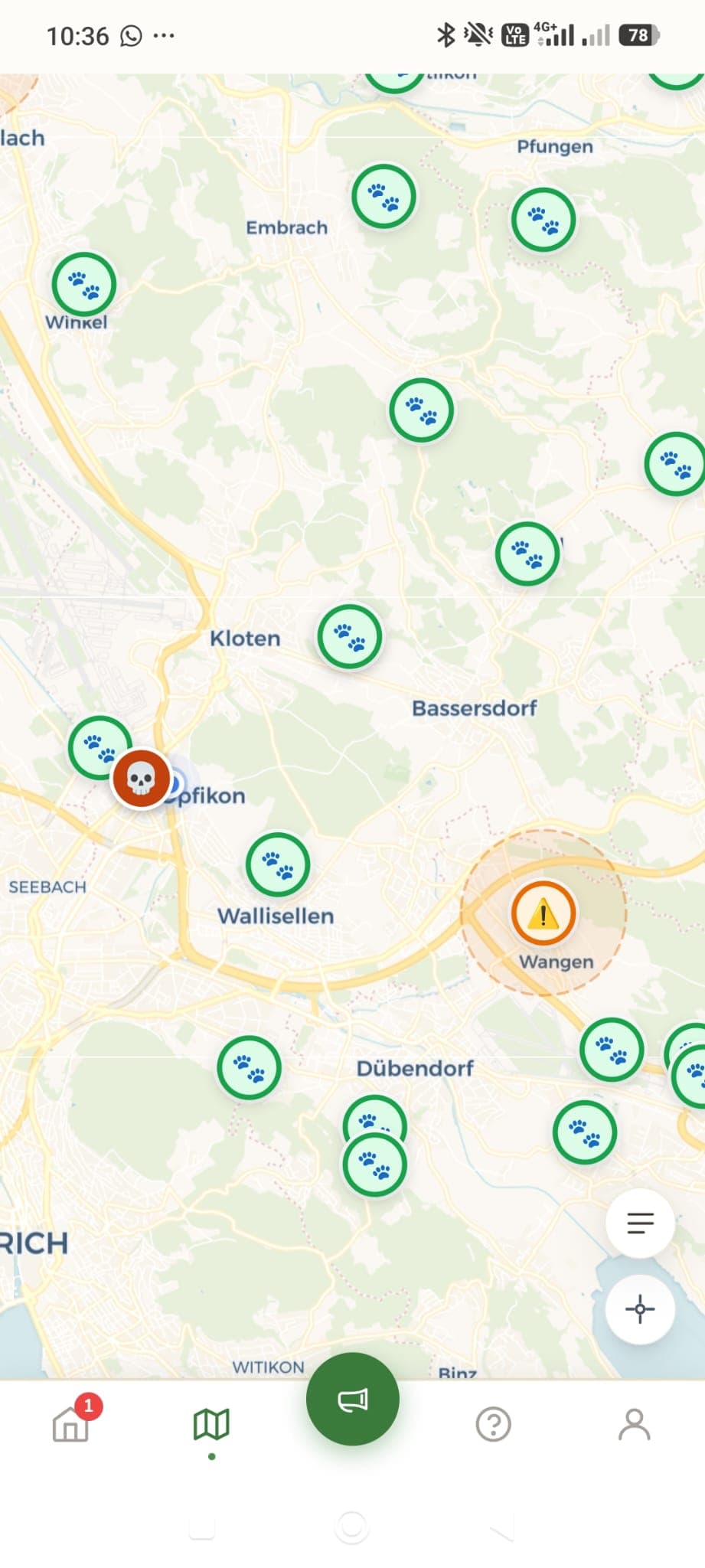 Karte mit Schiessständen (grün, orange, rot) und Gefahren-Meldungen