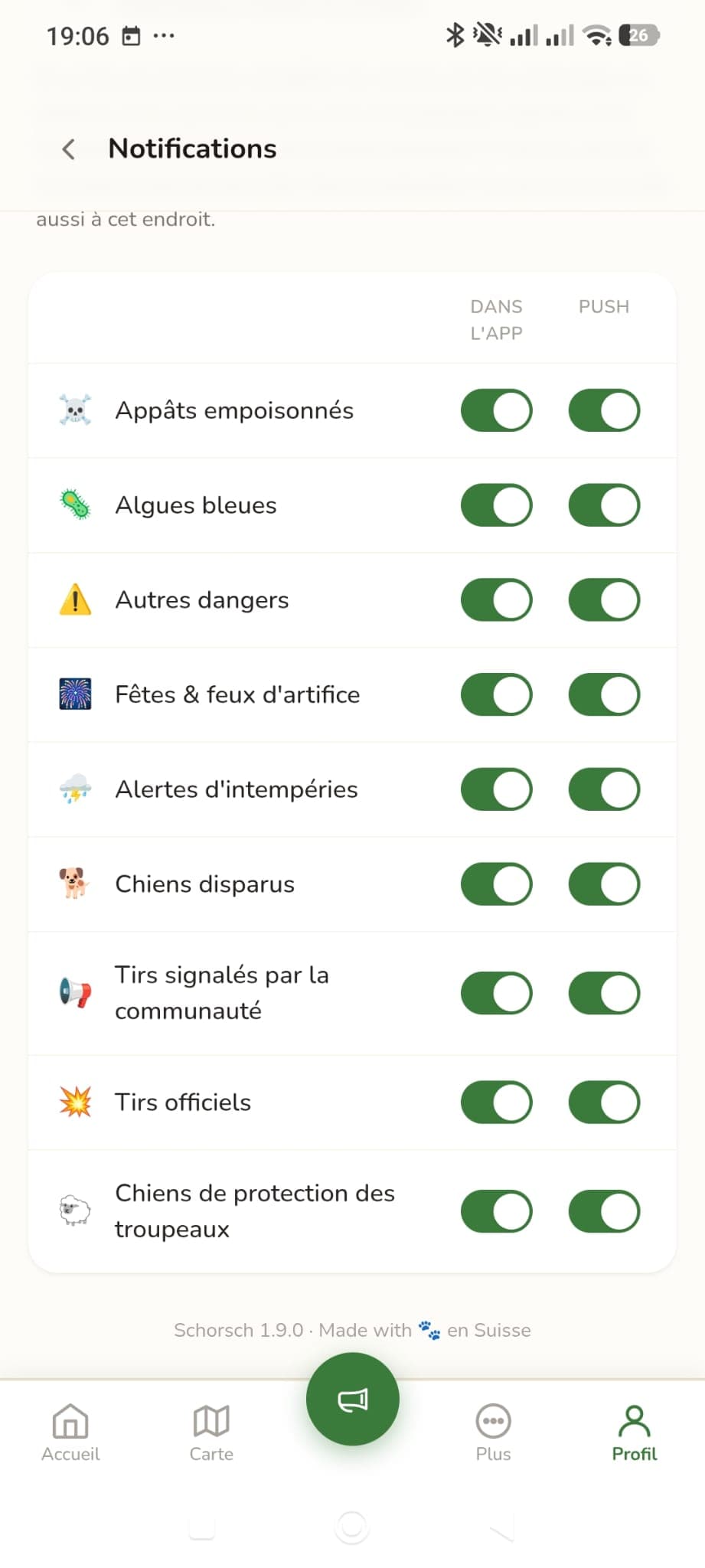 Réglages des notifications par type de danger
