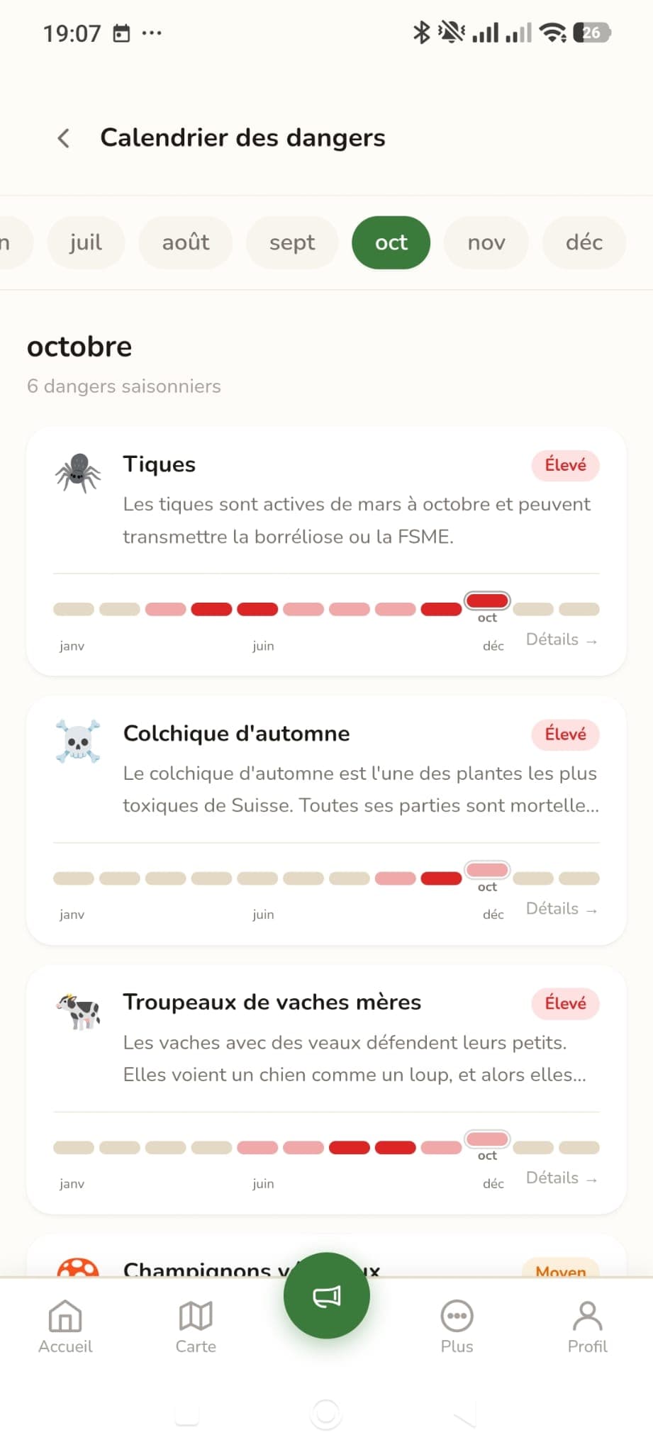 Calendrier des dangers avec les dangers saisonniers