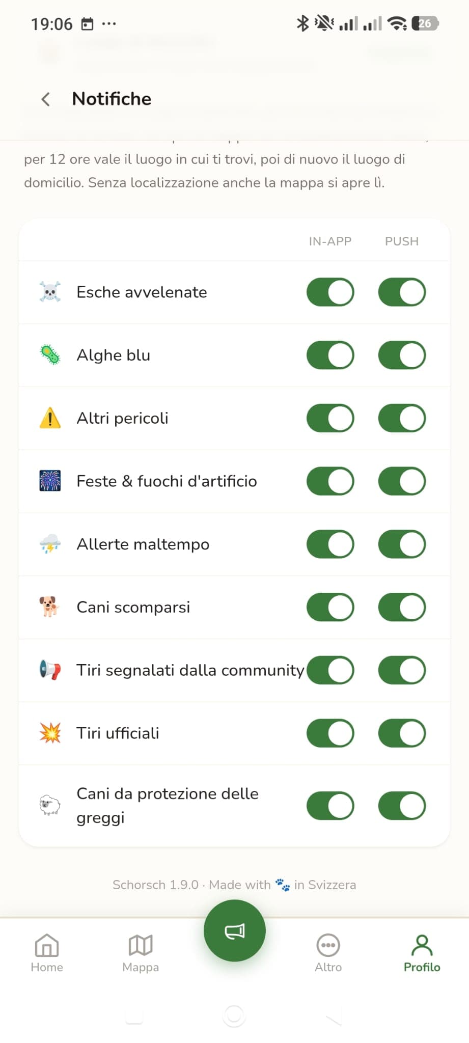 Impostazioni delle notifiche per tipo di pericolo