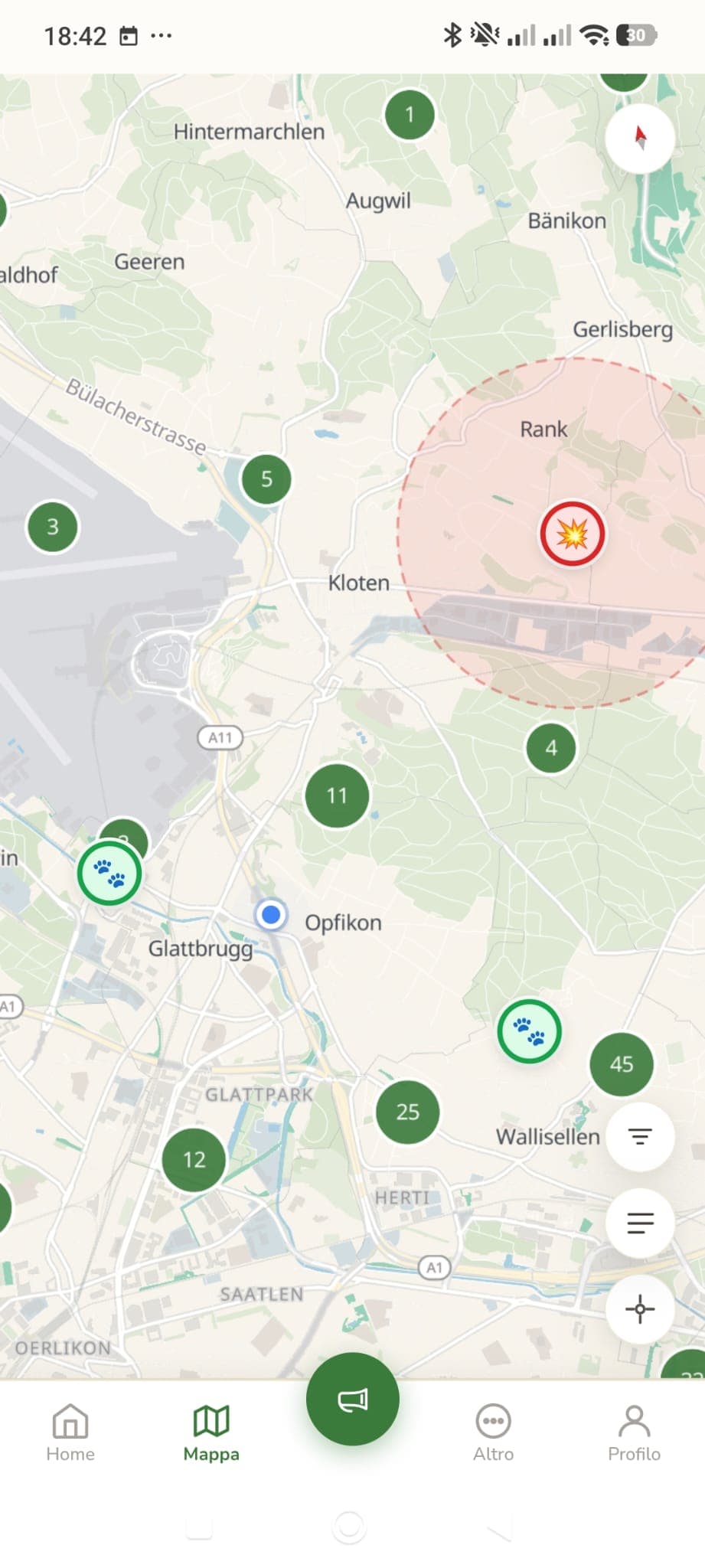 Mappa con poligoni di tiro (verde, arancione, rosso) e segnalazioni di pericoli